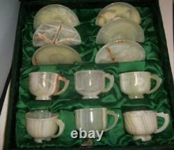 Vintage Onyx Marble Handcrafted Tea Cups and Saucers With Case