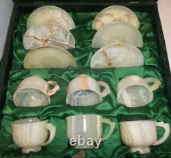 Vintage Onyx Marble Handcrafted Tea Cups and Saucers With Case