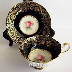 Vintage PARAGON Bone China Teacup & Saucer Double Warrant Black Pink Rose Gilt