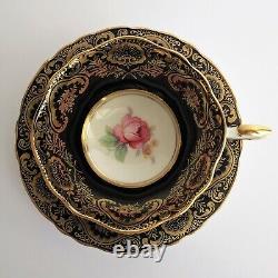 Vintage PARAGON Bone China Teacup & Saucer Double Warrant Black Pink Rose Gilt