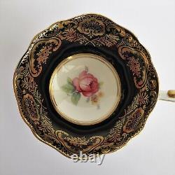 Vintage PARAGON Bone China Teacup & Saucer Double Warrant Black Pink Rose Gilt