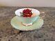 Vintage PARAGON Footed Tea Cup And Saucer Mint Green Red Cabbage Rose