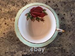 Vintage PARAGON Footed Tea Cup And Saucer Mint Green Red Cabbage Rose