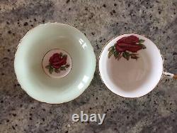 Vintage PARAGON Footed Tea Cup And Saucer Mint Green Red Cabbage Rose