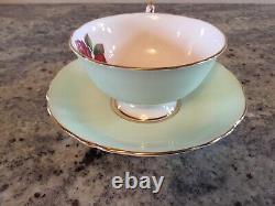 Vintage PARAGON Footed Tea Cup And Saucer Mint Green Red Cabbage Rose