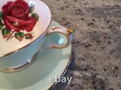 Vintage PARAGON Footed Tea Cup And Saucer Mint Green Red Cabbage Rose