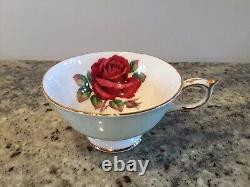 Vintage PARAGON Footed Tea Cup And Saucer Mint Green Red Cabbage Rose