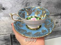 Vintage PARAGON Large Cabbage Rose Bone China Tea Cup & Saucer Light Blue Gold