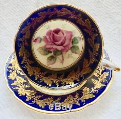 Vintage PARAGON PINK CABBAGE ROSE COBALT BLUE and GOLD TEA CUP and SAUCER