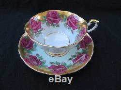 Vintage PARAGON Tea Cup & Saucer Red Cabbage Roses in Turquoise & Gold RARE