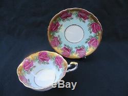 Vintage PARAGON Tea Cup & Saucer Red Cabbage Roses in Turquoise & Gold RARE