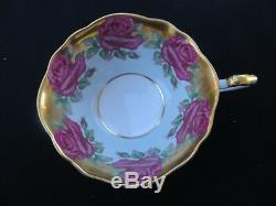 Vintage PARAGON Tea Cup & Saucer Red Cabbage Roses in Turquoise & Gold RARE