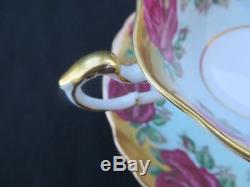 Vintage PARAGON Tea Cup & Saucer Red Cabbage Roses in Turquoise & Gold RARE