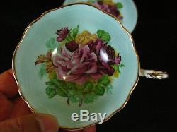 Vintage PARAGON Tea Cup & Saucer Set-# A2171 Pink Rose Pattern on Green Base