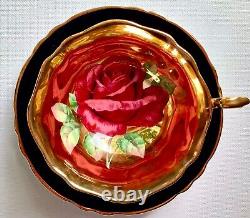 Vintage Paragon Large Red/Pink Cabbage Rose Gold Bowl Black Teacup and Saucer