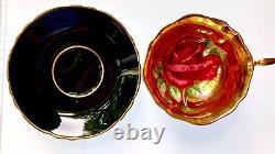 Vintage Paragon Large Red/Pink Cabbage Rose Gold Bowl Black Teacup and Saucer