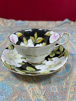 Vintage Paragon Tea Cup & Saucer Floating Gardenia On Black Mismatch Dbl Warrart