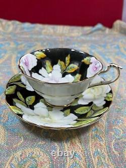 Vintage Paragon Tea Cup & Saucer Floating Gardenia On Black Mismatch Dbl Warrart