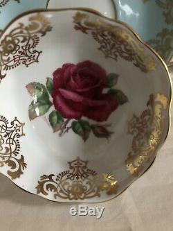 Vintage Paragon Tea Cup Saucer Red Cabbage Rose Robins Egg Blue Signed R Johnson