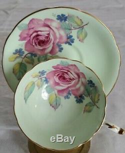 Vintage Paragon Teacup Saucer Large Cabbage Rose Pale Green Footed Scalloped