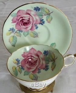 Vintage Paragon Teacup Saucer Large Cabbage Rose Pale Green Footed Scalloped