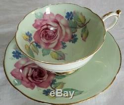 Vintage Paragon Teacup Saucer Large Cabbage Rose Pale Green Footed Scalloped