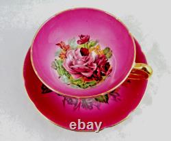 Vintage Pink Stanley Bone China Teacup Saucer, Footed Scalloped Edges, Gold Trim