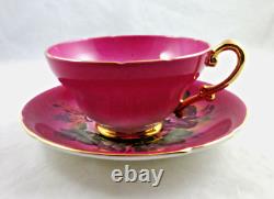 Vintage Pink Stanley Bone China Teacup Saucer, Footed Scalloped Edges, Gold Trim