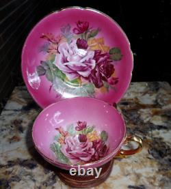 Vintage Pink Stanley Bone China Teacup Saucer, Footed Scalloped Edges, Gold Trim