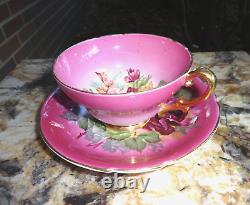 Vintage Pink Stanley Bone China Teacup Saucer, Footed Scalloped Edges, Gold Trim