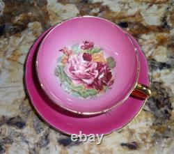 Vintage Pink Stanley Bone China Teacup Saucer, Footed Scalloped Edges, Gold Trim