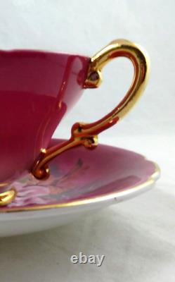 Vintage Pink Stanley Bone China Teacup Saucer, Footed Scalloped Edges, Gold Trim