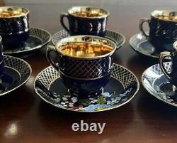 Vintage Porcelain Cup And Saucer Blue Cobalt Hand Painting Set Of 6