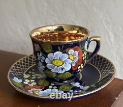 Vintage Porcelain Cup And Saucer Blue Cobalt Hand Painting Set Of 6