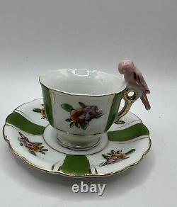 Vintage Rare Tea Cup & Saucer Bone China/Japan Pink Parrot Handle/Stripes Green