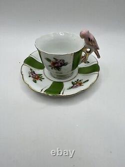 Vintage Rare Tea Cup & Saucer Bone China/Japan Pink Parrot Handle/Stripes Green