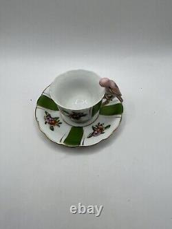 Vintage Rare Tea Cup & Saucer Bone China/Japan Pink Parrot Handle/Stripes Green