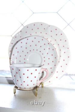 Vintage Shelley Dainty Pink Polka Dots Large Tea Cup Saucer and Plate