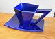 Vintage Signed Sandra Wyner Cobalt Tea Cup Saucer Set Abstract Design Signed'82