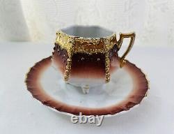 Vintage/antique Unbranded Tea Cup & Saucer Of High Gold Floral Relief 1760