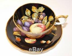 Vtg. Aynsley Black Orchard Fruit Tea Cup and Saucer Gold Trim C1174 RARE