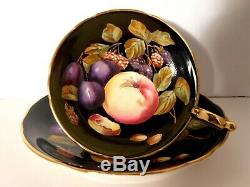 Vtg. Aynsley Black Orchard Fruit Tea Cup and Saucer Gold Trim C1174 RARE