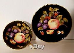Vtg. Aynsley Black Orchard Fruit Tea Cup and Saucer Gold Trim C1174 RARE