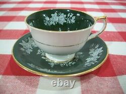 Vtg. Aynsley Bone China Tea Cup & Saucer Dark Green / White Roses 1940s England