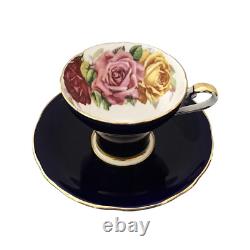 Vtg Aynsley Cobalt Blue Roses Tea Cup & Saucer Gold Trim Bone China 1930s Gift