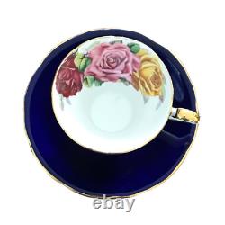 Vtg Aynsley Cobalt Blue Roses Tea Cup & Saucer Gold Trim Bone China 1930s Gift