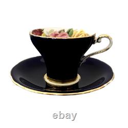 Vtg Aynsley Cobalt Blue Roses Tea Cup & Saucer Gold Trim Bone China 1930s Gift
