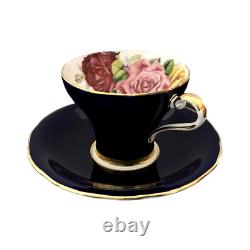 Vtg Aynsley Cobalt Blue Roses Tea Cup & Saucer Gold Trim Bone China 1930s Gift