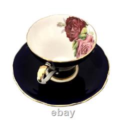 Vtg Aynsley Cobalt Blue Roses Tea Cup & Saucer Gold Trim Bone China 1930s Gift