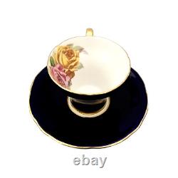 Vtg Aynsley Cobalt Blue Roses Tea Cup & Saucer Gold Trim Bone China 1930s Gift